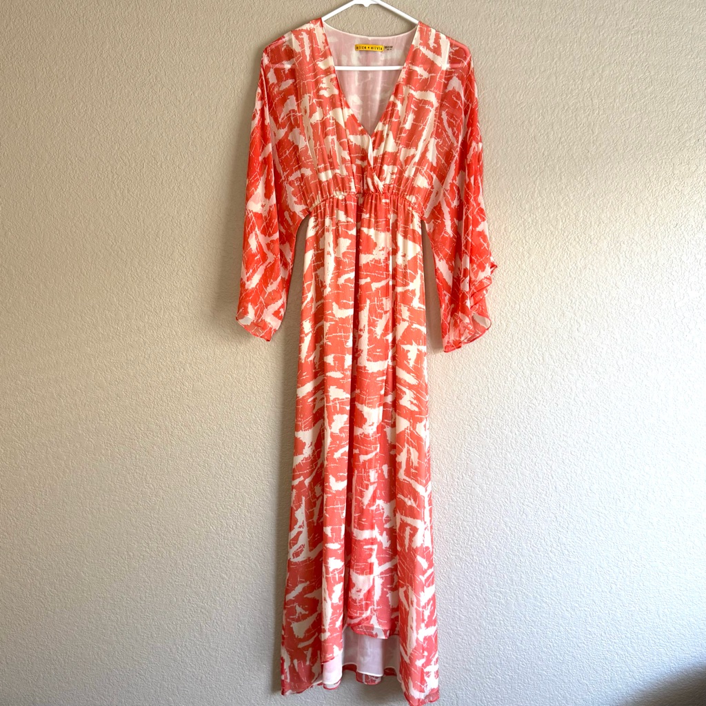 Alice + Olivia Orange And White Pleated Sundress With Bishop Sleeves Sz Xs